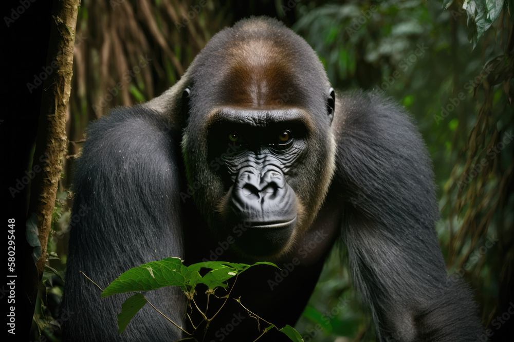 Illustration of a Congo lowland gorilla in the jungle. Wildlife in the African rainforest.