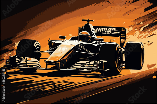 Formula one racer. Vector art of fast racing car. F1 driver competing at high speed. Isolated concept art of automobile race on circuit. Championship for the win. Grand winner in his vehicle poster.