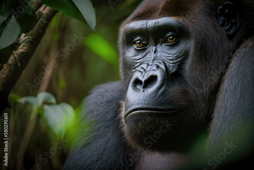 Illustration of a Congo lowland gorilla in the jungle. Wildlife in the African rainforest. © TungYueh
