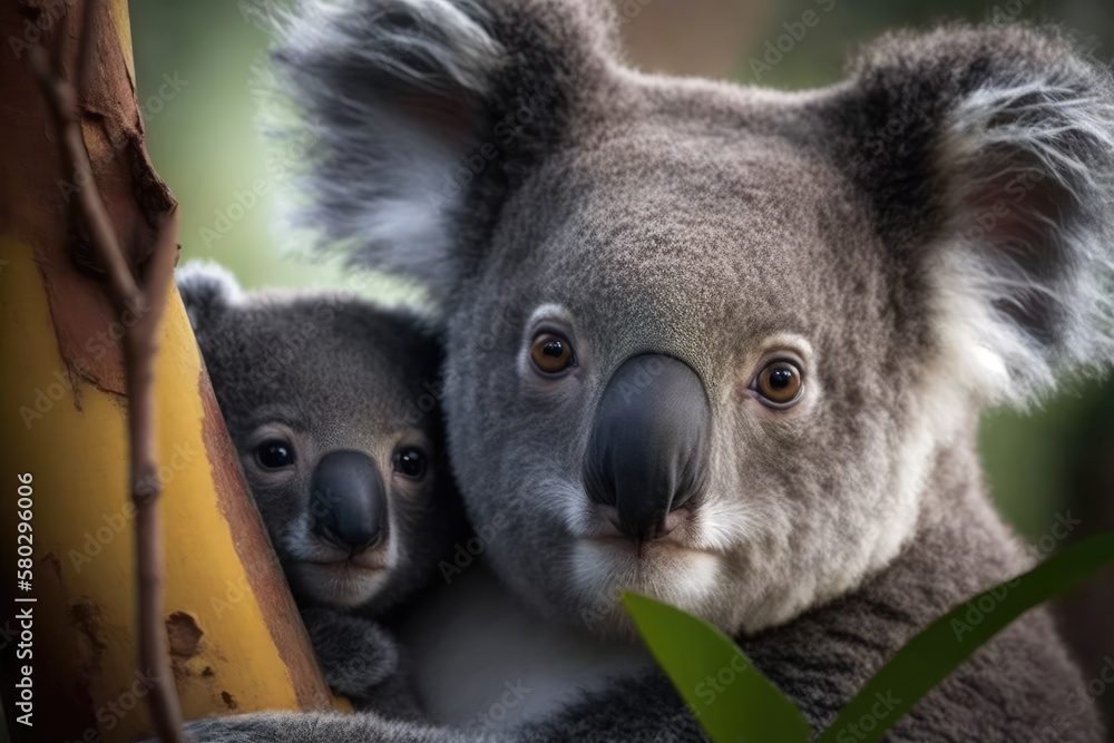 Obraz premium Mama koala with her young. Generative AI