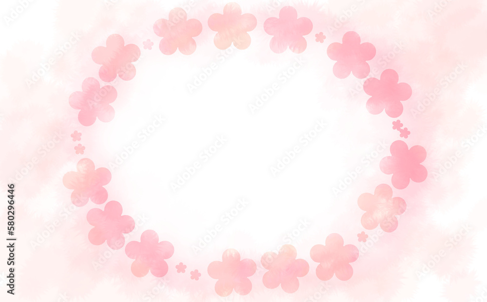 花柄の楕円フレーム・ピンク-ふんわり水彩画テクスチャ イラスト素材 色違い・差分有