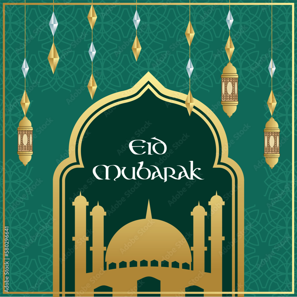 Eid mubarak with mosque and lantern background