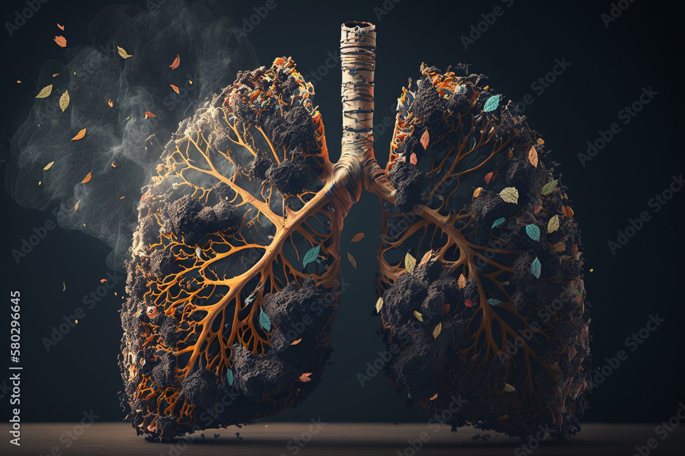 Image of human lungs damaged by tobacco and cigarette smoking. tobacco