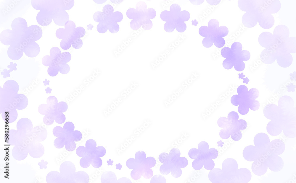 ラベンダー色の二重の花柄の楕円フレーム-ふんわり水彩画テクスチャ イラスト素材 色違い・差分有