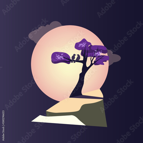 Vector illustration of night landscape, wild nature, twilight view, background with sky and full moon, birds on tree and rock.