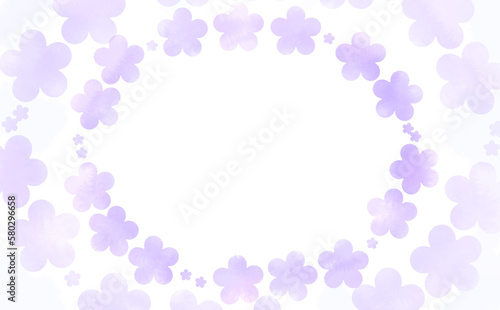ラベンダー色の二重の花柄の楕円フレーム-ふんわり水彩画テクスチャ イラスト素材 色違い・差分有 © MK