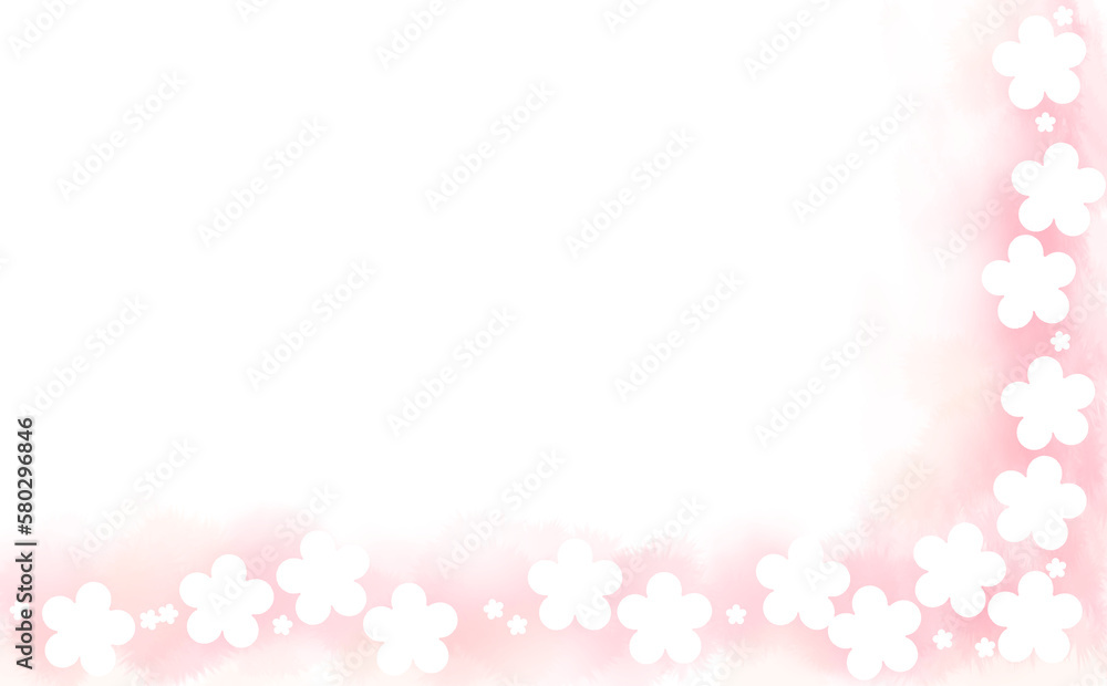 花柄シルエットのL字フレーム・ピンク-ふんわり水彩画テクスチャ イラスト素材 色違い・差分有