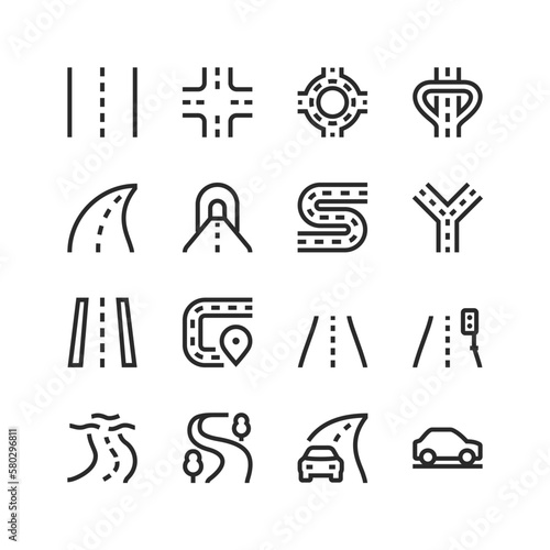 Road icons set in a linear style on the theme of road fork, highway, tunnel, street, way for vehicles. Roads sections of different shapes. Editable stroke width
