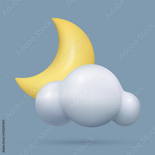3d cloud and moon night weather icon realistic glossy plastic three dimensional vector illustration