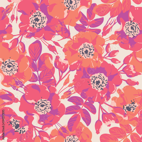 Seamless pattern with bright flowers. Background for packaging design, wrapper, invitation. Floral ornament for printing on fabric and paper.