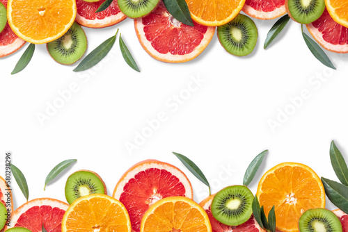 Fototapeta Naklejka Na Ścianę i Meble -  Healthy fruit background. Frame of different set fruits isolated white background top view