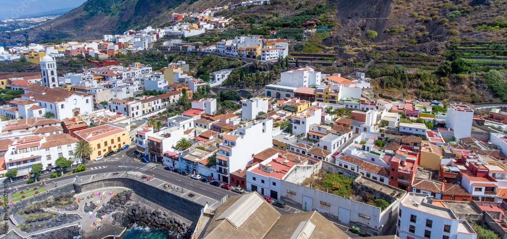 Aerial view of Garachico coastline on the northern coast of Tenerife, Canary Islands.