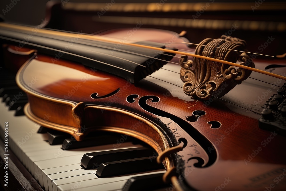 Fototapeta premium Close up of a violin resting on a piano keyboard. Generative AI