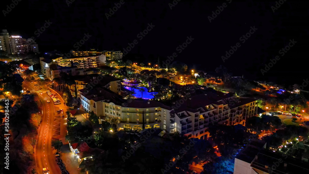 Aerial view of Funchal at night in Madeira, Portugal