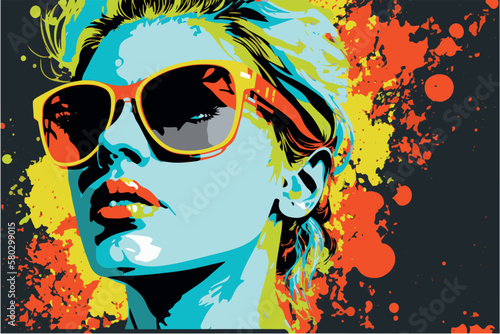 Beautiful woman wearing glasses. Pop art of retro comic girl. Vector art drawing of young pretty happy people. Red lips. Wallpaper of young female. Colorful splashes of paint. Vintage fashion art.