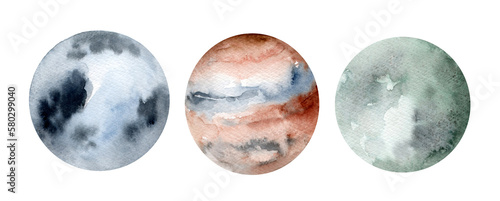 Hand painted watercolor planet. full moon. Magic design for printing on textiles, packaging, postcards, posters, covers. isolated on white background. Astronomy and astrology, planets.