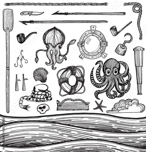 Collection of nautical symbols and object sketched in vintage style