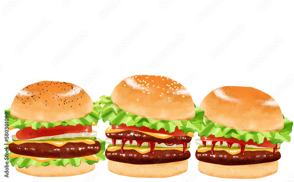 横からのアングルのハンバーガー3種 白背景 コピースペース有 イラスト素材 イラスト素材 色違い・差分あり 横からのアングルのハンバーガー3種 白背景 コピースペース有 イラスト素材 イラスト素材 色違い・差分あり