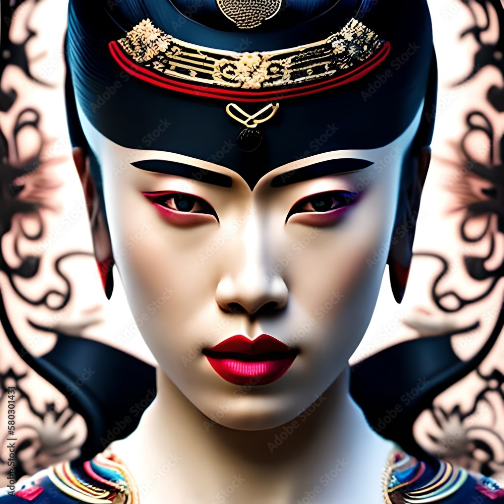 Portrait style, symmetrical face front view. Beautiful futuristic geisha portrait Inlaid with japanese tattoos, octane render. Created with generative Ai technology