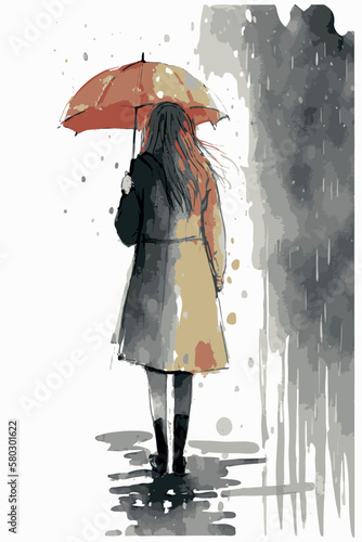 Sad woman with an umbrella walking under the rain. Vector art of cartoon poster. Watercolor painting of depressed woman. Hand drawn young lady heartbroken. Illustration of depression. Moody colors.