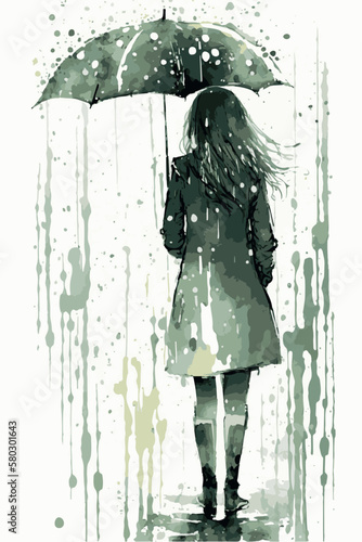 Sad woman with an umbrella walking under the rain. Vector art of cartoon poster. Watercolor painting of depressed woman. Hand drawn young lady heartbroken. Illustration of depression. Moody colors.