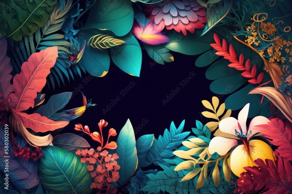 Cartoon style tropical leaves frame on black background with empty space. Purple orange green jungle florals in digital art style for summer party design. Generative ai