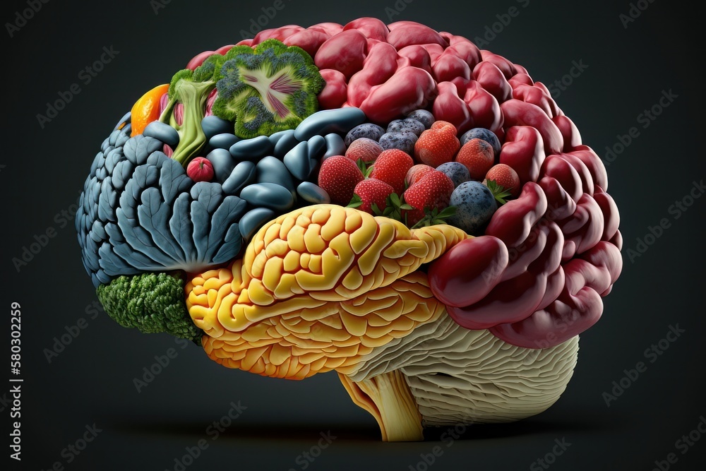 Human brain made of fruits and vegetables created using Generative AI