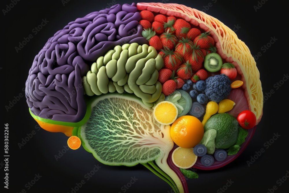 Human brain made of fruits and vegetables created using Generative AI