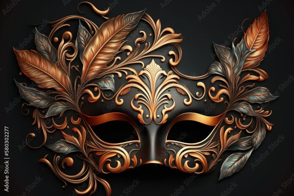 Venetian carnival mask with feathers on black background. Generative AI