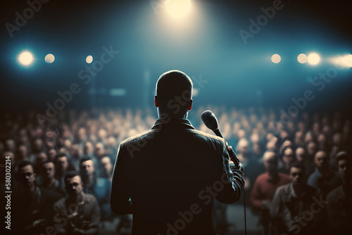 A person giving a speech, equipped with a microphone, standing on a stage, and receiving a standing ovation and applause from the audience. (AI illustration) photo