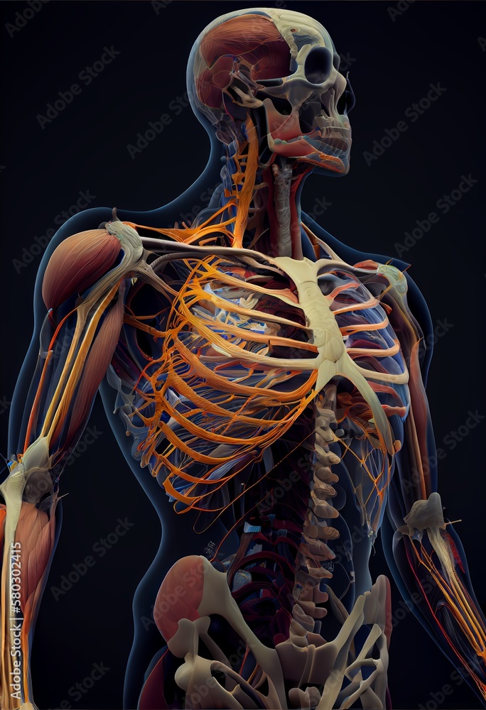 Human body anatomy, on a black background, vertical illustration Stock