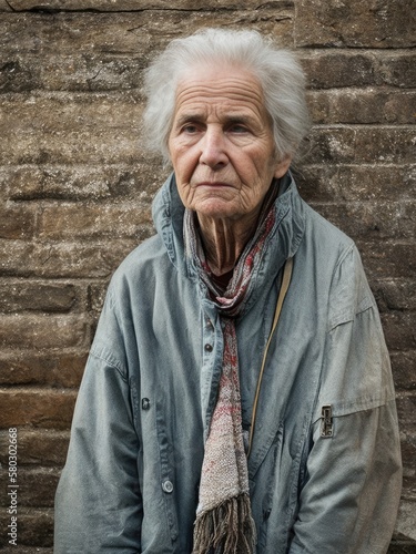 A dirty homeless elderly woman in torn clothes. Generative AI