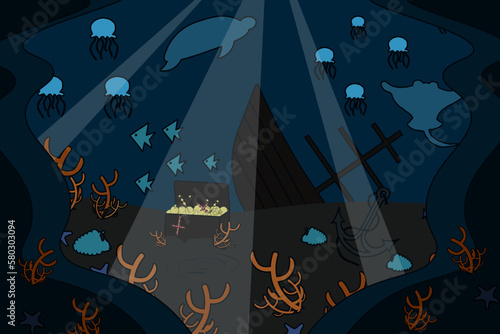 World ocean's day concept. A sunken ship in the world ocean with treasures.