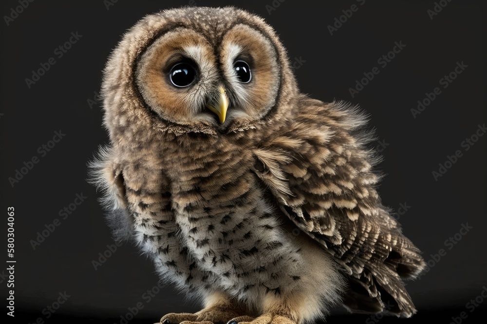 Fototapeta premium Isolated Tawny Owl (Strix aluco), 1 months old. Generative AI