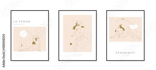 Modern posters set. Nude woman silhouette in abstract pose, female body, feminine boho graphic. Mid century, Contemporary, Femininity concept, prints collection for wall art decor. Vector illustration