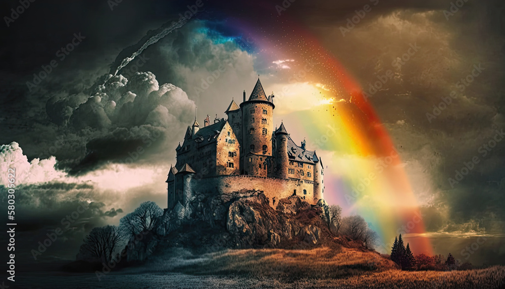 fairy tale castle on hill with rainbow sky , Generative AI