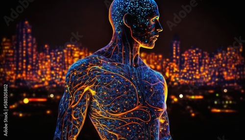 Wax figure of a person made entirely out of Pentigree fractal patterns night busy city background , Generative AI