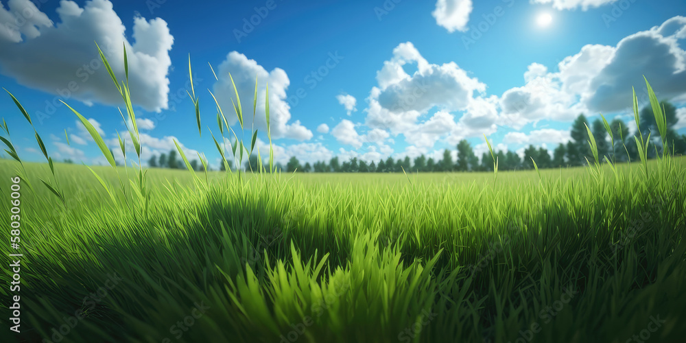 green grass field under blue sky. Generative AI