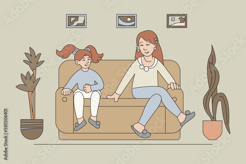 Mom and daughter are sitting on the sofa at home. Little girl and woman vector characters. Color cartoon illustration.