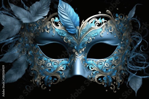 Blue masquerade mask with a dazzling backdrop. Generative AI