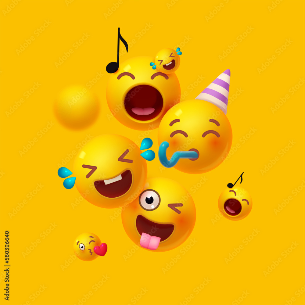 Joy, happy and fun. Yellow balls with faces. Emotion expression . Holiday, singing, joy, fun, party, laughter, music, concert, birthday, win and special offer. Joy, happy and fun. Yellow balls with faces. Emotion expression . Holiday, singing, joy, fun, party, laughter, music, concert, birthday, win and special offer.