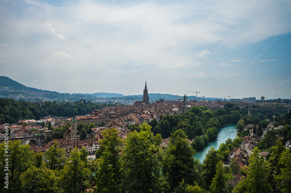 Bern, Switzerland - July 23, 2022 - View of the city of Bern from Rosengarten Park.