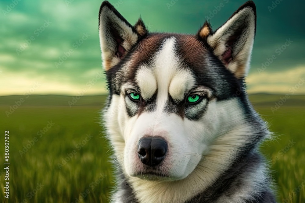 Close up of a husky dog's scowling face on a green field. Generative AI