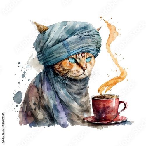 Turkish Cat with coffee cup. Muslim cat with turban. Watercolor Vector illustration for coffee houses. Isolated on white background. Can be used for menu, logo or flyer, greeting card, design t-shirt