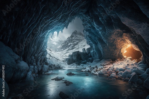 Exploring The Arcane Cave Of Ancient Enchantments And Frosty Rivers Generative AI
