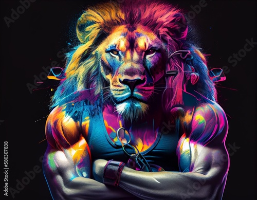Muscular and colorful lion, generative ai