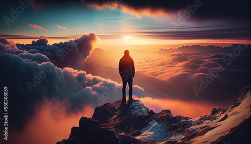 Man standing at the top of the mountain, generative ai