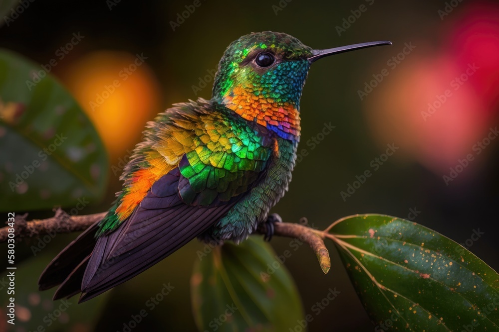 Fototapeta premium Costa Rica's fiery throated hummingbird. Generative AI