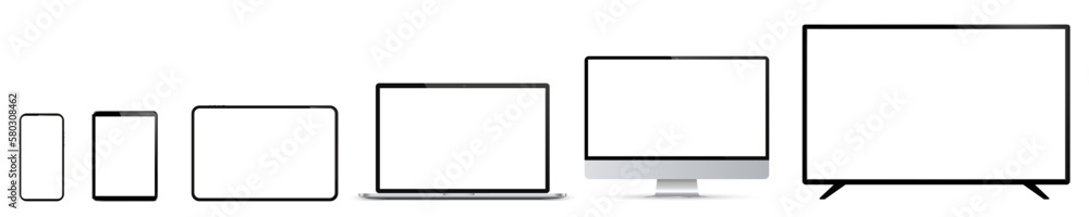 Set of mockup technology devices with empty white display: TV, computer, laptop, tablet and mobile phone. Screen device mockup blank. Realistic media gadgets with white screen - vector Set of mockup technology devices with empty white display: TV, computer, laptop, tablet and mobile phone. Screen device mockup blank. Realistic media gadgets with white screen - vector