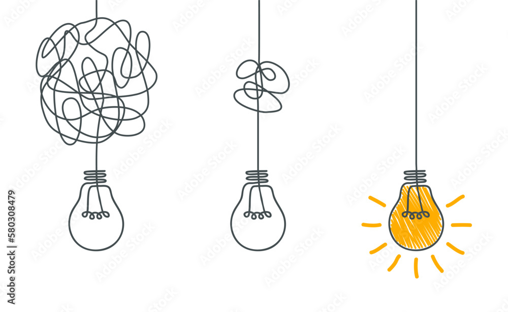 Idea concept, creative of simplifying complex process lightbulb, bulb sign, innovations, untangled of problem. Keep it simple business concept for project management, marketing, creativity - obrazy, fototapety, plakaty 
